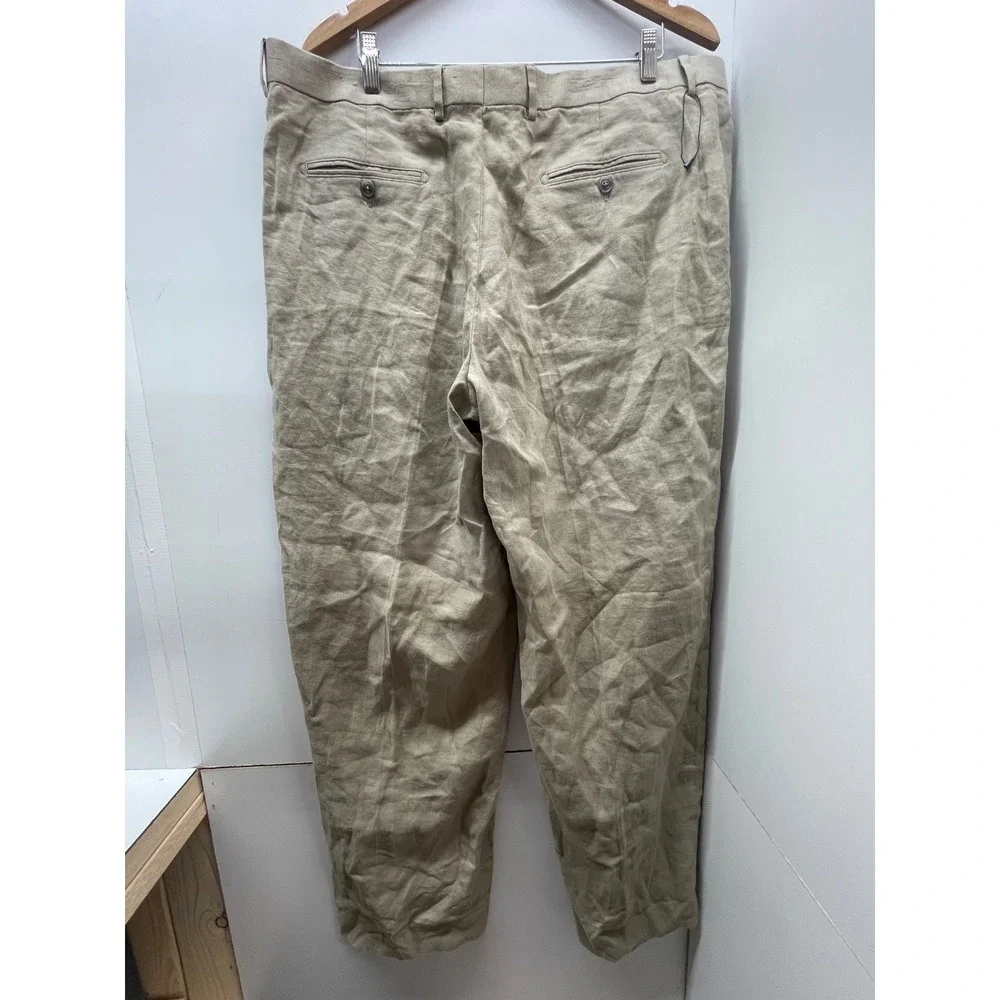Murano Mens Tan 100% Linen Pleated Straight Leg Trousers Pants 40x34 Beige